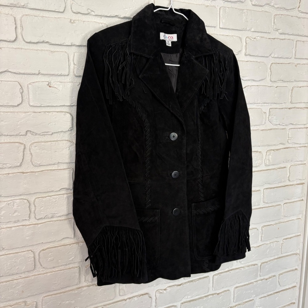 Vintage d. & co. Black Suede Fringe Jacket Western Boho Leather Jackey - Picture 4 of 7